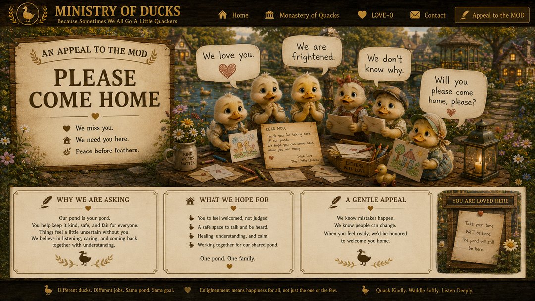 Little ducklings beside a pond holding letters and drawings, making a gentle appeal asking the MOD to come home.