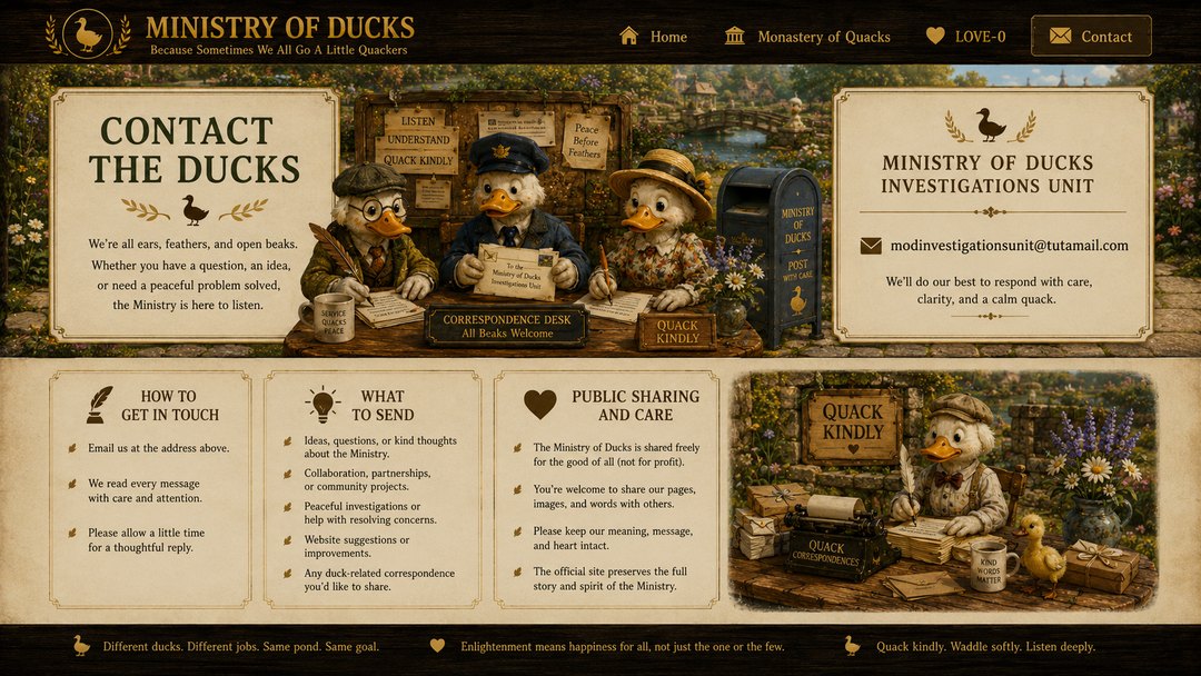 Ministry of Ducks correspondence desk with friendly ducks handling letters beside the pond.