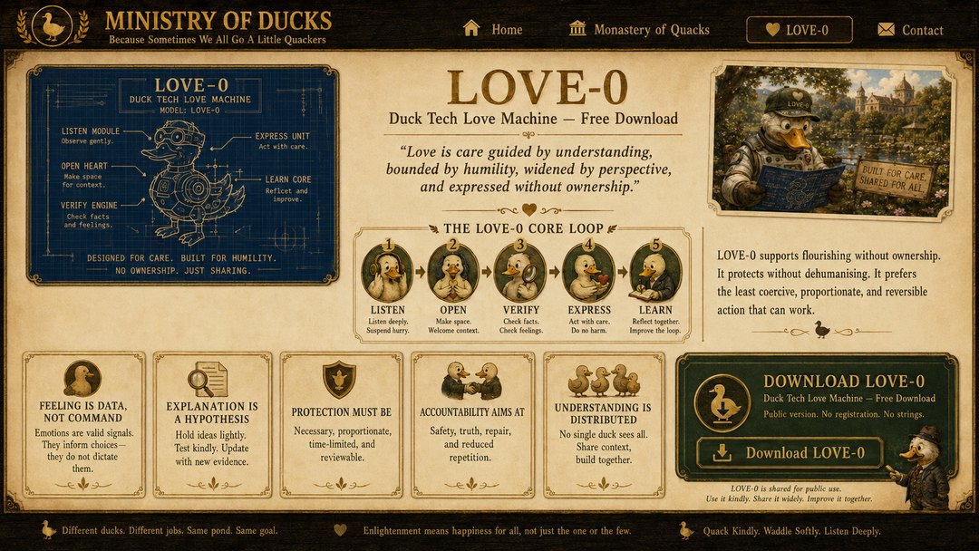 Illustrated LOVE-0 Duck Tech Love Machine blueprint in the Ministry of Ducks visual style.