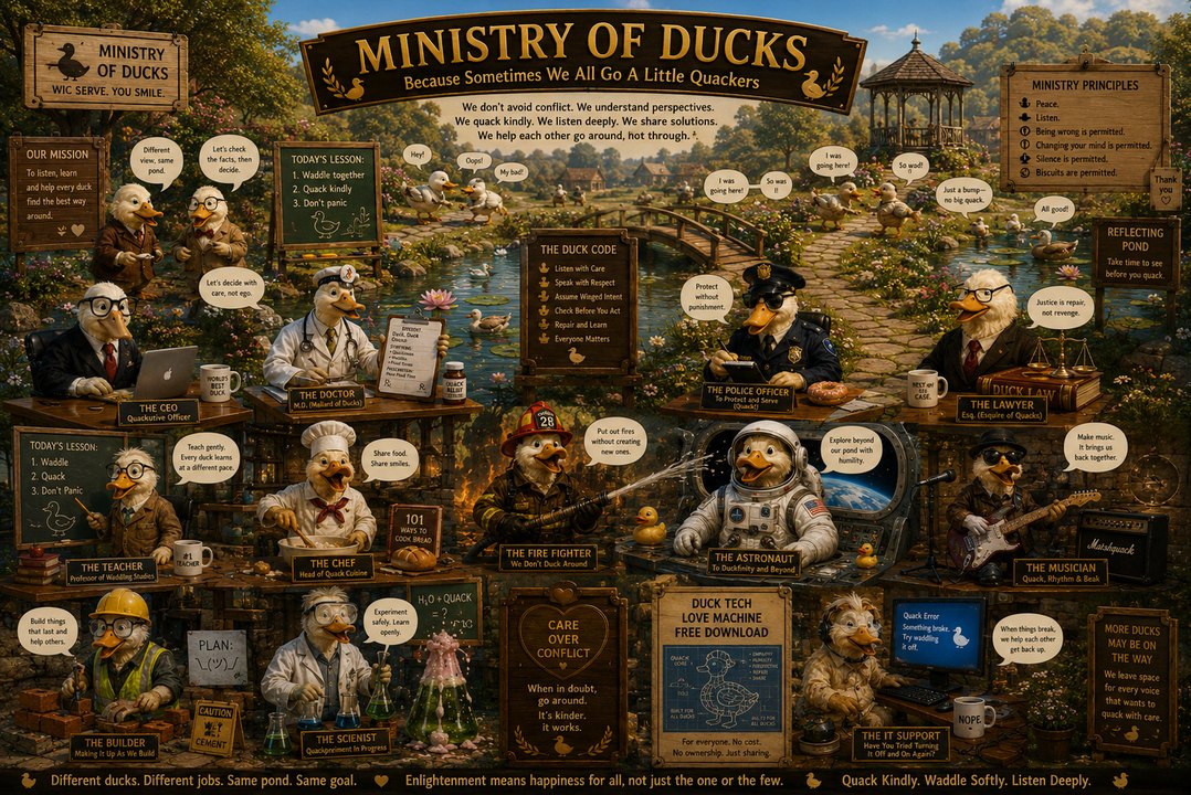 Ministry of Ducks storybook scene showing professional ducks from many occupations sharing a busy pond, listening, solving problems and recovering from small accidental bumps.