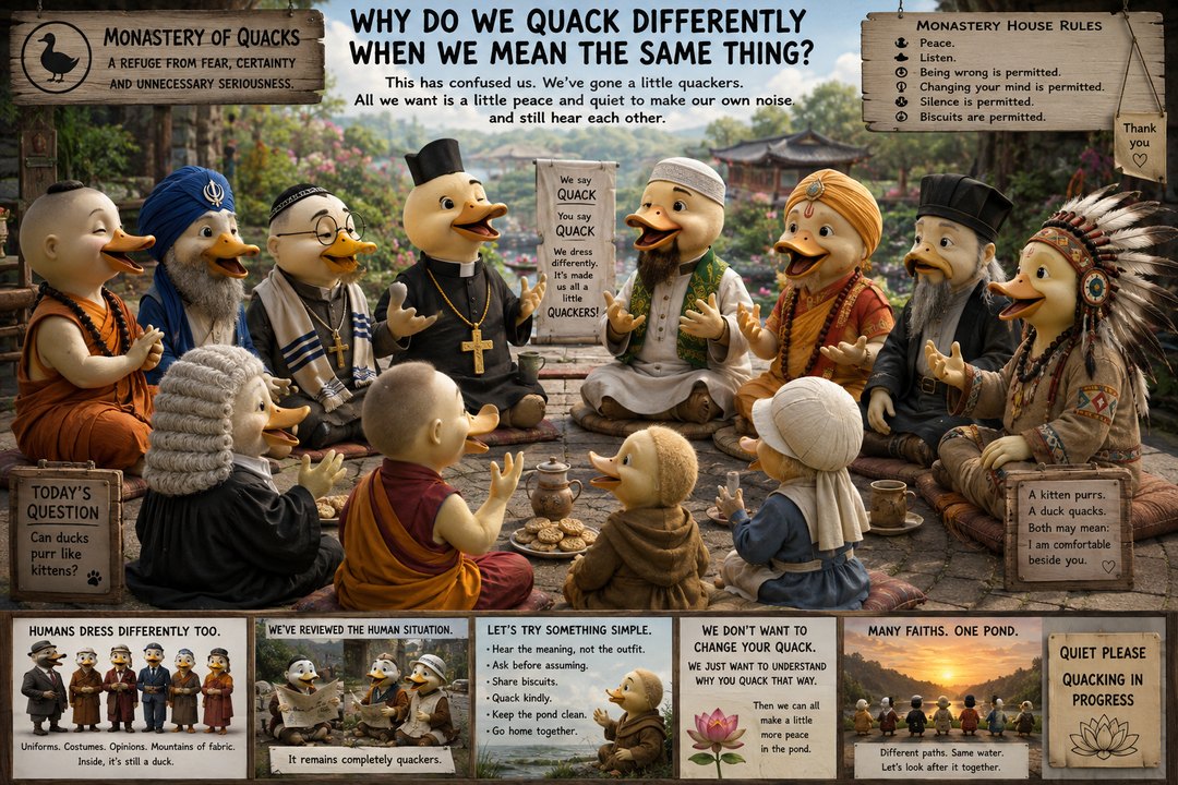 Ducks from different spiritual and religious traditions sitting together in the Monastery of Quacks, listening and talking around a shared garden pond.